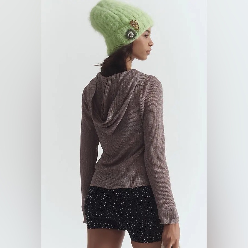 Anthropologie Daily Practice Sheer Metallic V-Neck Hooded Top in Taupe - Picture 3 of 4